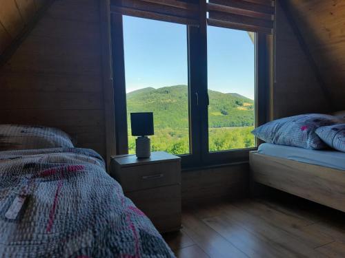 利马诺瓦Domki Dwa的一间卧室设有一张床和一个美景窗户。