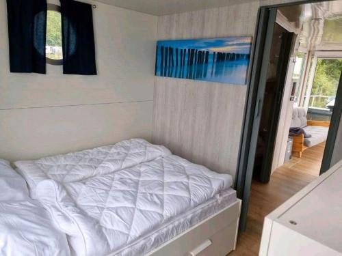 菲尔斯滕贝格Hausboot STEHEND Grey Pearl的玻璃门房间里一张白色的床