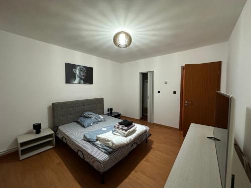 DumbrăviţaVenus Resort的一间卧室配有一张天花板上灯的床