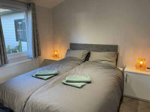 洪德洛Luxe chalet (gloednieuw!) in Hoenderloo的一间卧室配有一张带两个枕头的床