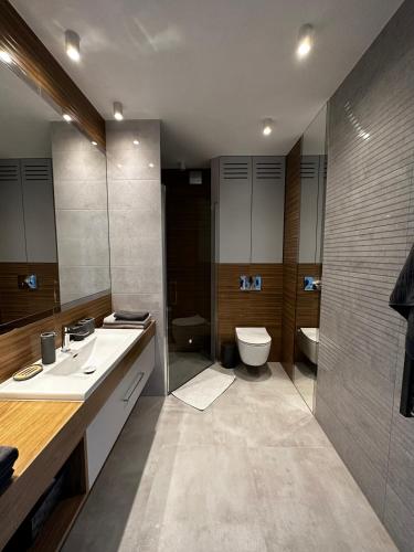 SkałaApartament Pod Ojcowem的浴室配有2个盥洗盆、卫生间和淋浴。