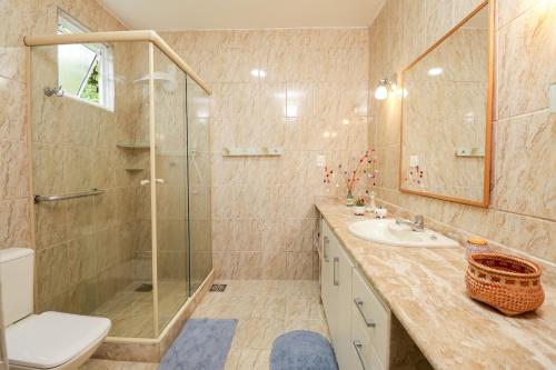 安格拉杜斯雷斯Casa Amarela的带淋浴、卫生间和盥洗盆的浴室