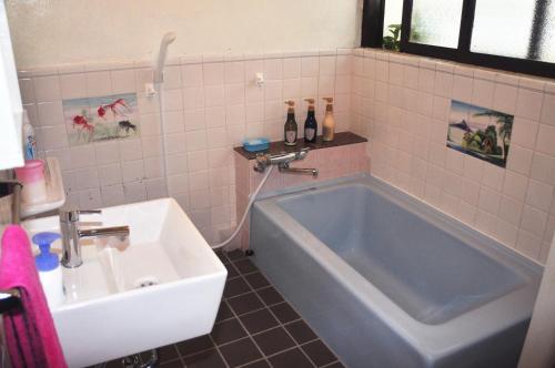 宫古岛Accommodation Limited to One Group Per Day Yukuiru的浴室设有蓝色浴缸,毗邻水槽