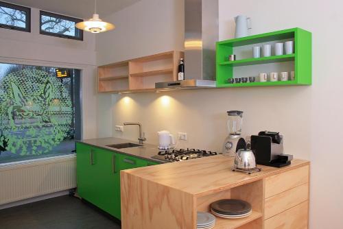 乌得勒支B&B Central Park的厨房配有绿色橱柜和柜台。