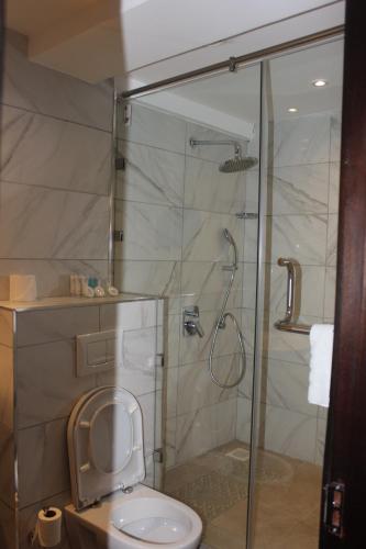 内罗毕The Crossroads Hotel, Westlands的带淋浴和卫生间的浴室