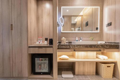 武汉武汉天河机场腾龙大道地铁站亚朵酒店的一间带水槽和镜子的浴室
