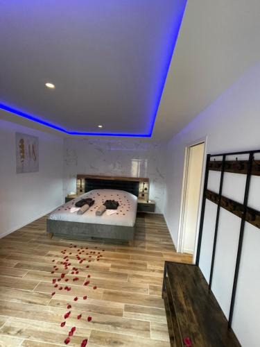 瓦隆蓬达克Luxury spa vallon的卧室配有一张铺有红色鞋的床。
