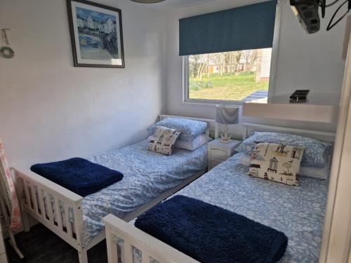 达特茅斯Caldon Holiday Chalet sleeps 4 in Dartmouth WIFI Electric inc Pet friendly的带窗户的客房内设有两张单人床。