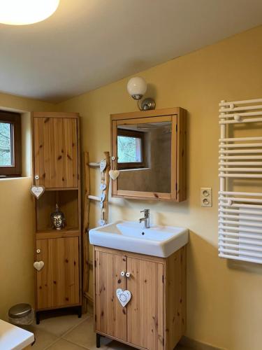 Gîte L'Orée的一间带水槽和镜子的浴室