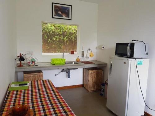 马特莱Zee's Garden的厨房配有冰箱、水槽和窗户。