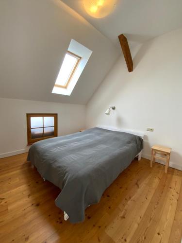 马赫恩Wohnen im Grünen in der Nähe von Leipzig的一间卧室配有一张带天窗的大床