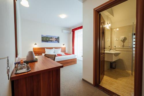 索瓦塔Pensiunea Comfort的酒店客房设有一张床、一张书桌和一间浴室。