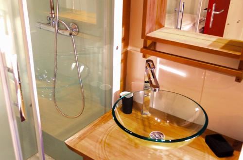 波尔多Sainte Catherine - Duplex 1 chambre的一间带玻璃水槽和淋浴的浴室