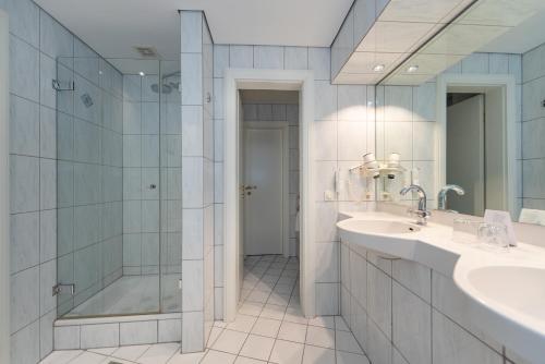 梅拉内Hotel Meerane的带淋浴、盥洗盆和镜子的浴室