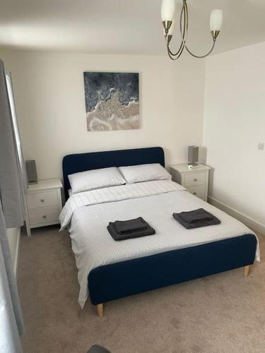 Haddenham2 Bedroom Ground Floor Flat的一间卧室配有一张带2个床头柜的大床