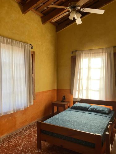 科潘玛雅遗址Hostel Iguana Azul的一间卧室配有一张床和吊扇