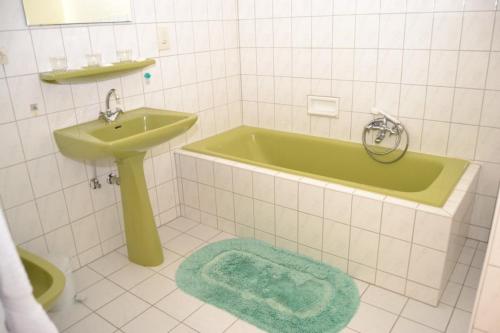 马尔穆捷Aux Deux Clefs的浴室配有绿色浴缸和水槽