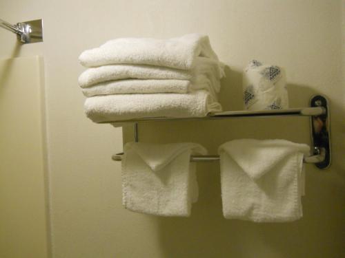 橡树溪Value Inn Motel - Milwaukee Airport South的浴室毛巾架上的一堆毛巾