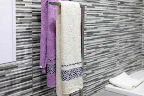 Freixo de CimaAlojamento Louloutte 1的浴室设有挂在墙上的紫色毛巾