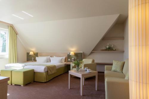 布尔格Kur und Wellnesshaus Spreebalance, The Originals Relais (Relais du Silence)的酒店客房配有一张床、一张沙发和椅子。