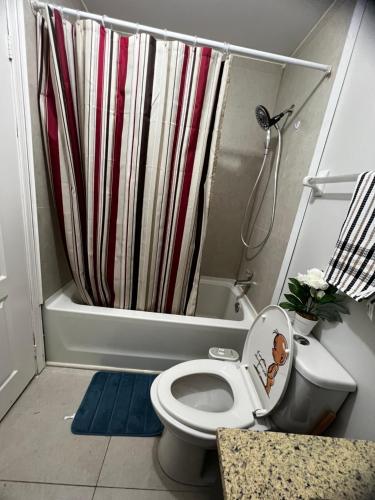 布兰普顿Cozy private room的浴室配有带浴帘的卫生间