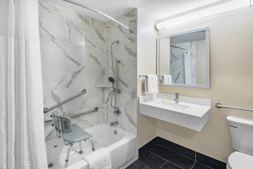 夏洛茨维尔夏洛茨维尔速8酒店的一间带水槽、卫生间和淋浴的浴室