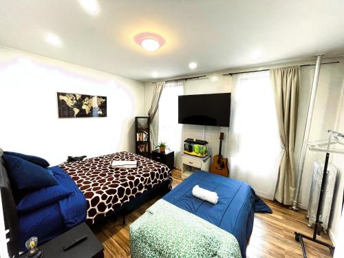 皇后区Big Bedroom Best Location ! - Free Parking and first floor的一间卧室配有一张床、一张沙发和一台电视。