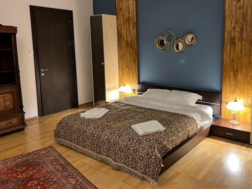 泽尔内什蒂Villa & SPA 4Temporadas BASM - Plaiul Foii的一间卧室配有一张大床和两条毛巾