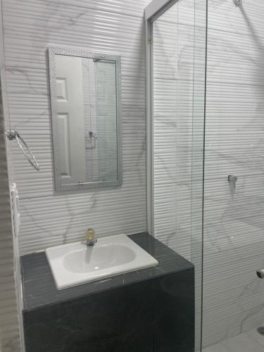 圣何塞Hotel Sabana Inn的一间带水槽和玻璃淋浴的浴室