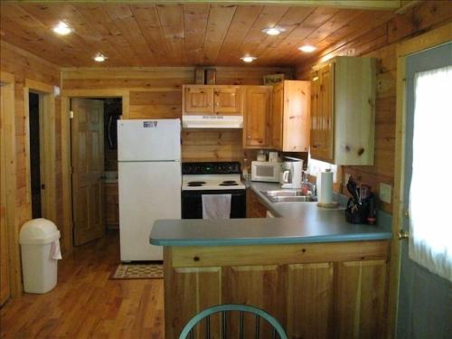 索蒂纳科奇Alpenhaus Cabins Real Log Home in Helen Ga Mountains with hot tub and balconies的厨房配有白色冰箱和木制橱柜。