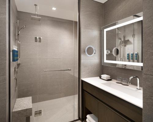 水原市Four Points by Sheraton Suwon的带淋浴、盥洗盆和镜子的浴室