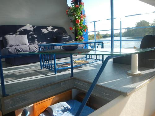 屈斯里Maison flottante sur la seille的船上的一张桌子和一张沙发