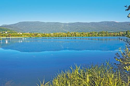 迪沃讷莱班La Villa Du Lac- 3 rooms for 6 people的一座大蓝色的湖,背景是群山