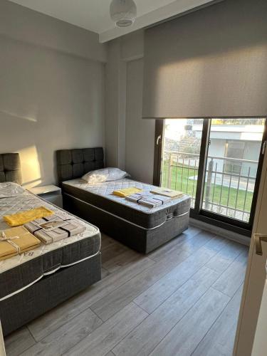 米拉斯Magnificent Flat with Shared Pool in Milas的带大窗户的客房内的两张床