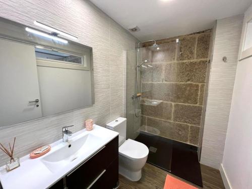 庞特维德拉Casa Cousiño Zona Monumental的浴室配有卫生间、盥洗盆和淋浴。