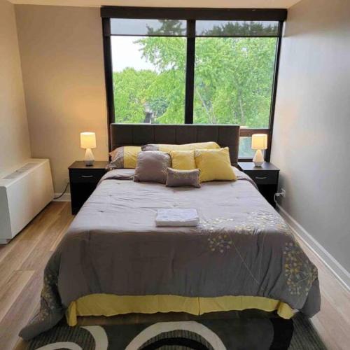 罗克福德Affordable One Bedroom Rockford的一间卧室设有一张大床和大窗户