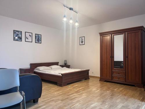 比亚韦斯托克Apartamenty Centrum的一间卧室配有一张床、一个橱柜和一把椅子