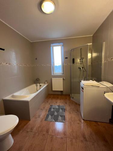 比亚韦斯托克Apartamenty Centrum的带浴缸、卫生间和盥洗盆的浴室