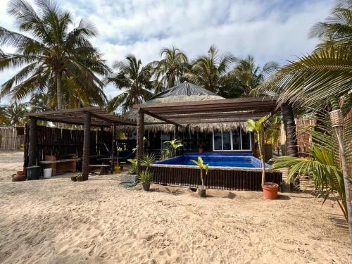 图斯潘罗德里格斯卡诺Eco cabaña Mimi的棕榈树海滩上的度假村