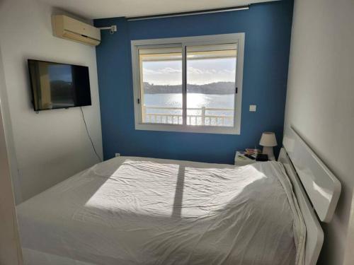 努美阿Magnifique appartement, vue mer的蓝色客房的一张床位,设有窗户