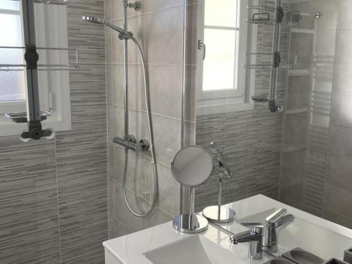VarsGîte Vars, 4 pièces, 6 personnes - FR-1-653-16的带淋浴和盥洗盆及镜子的浴室