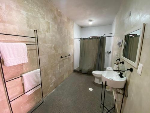瓜纳华托Casa Malva Sweet Stay的一间带水槽、卫生间和淋浴的浴室
