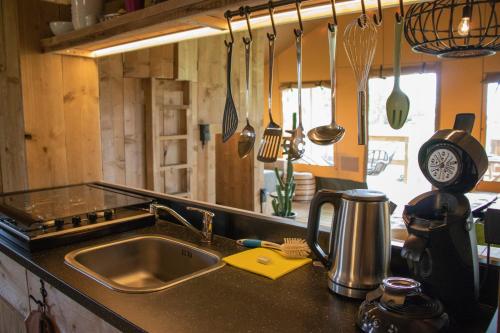 OpheusdenRecreatiepark de Markplas的厨房配有水槽和带时钟的台面