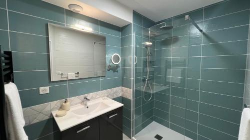 圣吉隆Jardin Bleu - Chambres d'hôtes的浴室配有盥洗盆和带镜子的淋浴