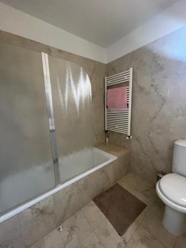 皮斯索里Pissouri Villa Miramar的带淋浴、浴缸和卫生间的浴室
