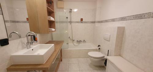 阿舍贝格Fewo-Suite "Horizonte I"的浴室配有盥洗盆、卫生间和浴缸。