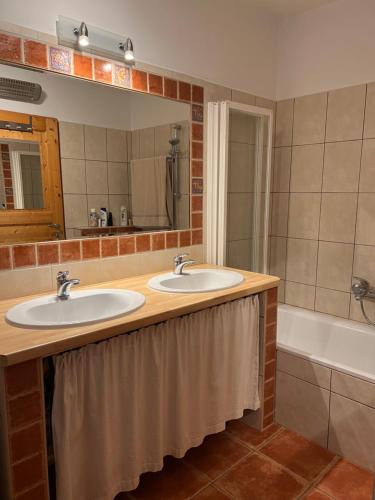 滨湖新锡德尔Haus Karner的浴室设有2个水槽、浴缸和镜子
