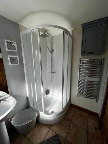 什鲁斯伯里Pear Tree Cottage的带淋浴、卫生间和盥洗盆的浴室
