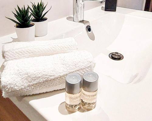 蒙吕松Artbleu -Tout Confort - Idéal Pros - Proche commerces的浴室水槽,配有两条毛巾和植物