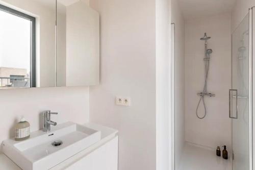 鲁汶New apartment with big terrace and great views!的白色的浴室设有水槽和淋浴。